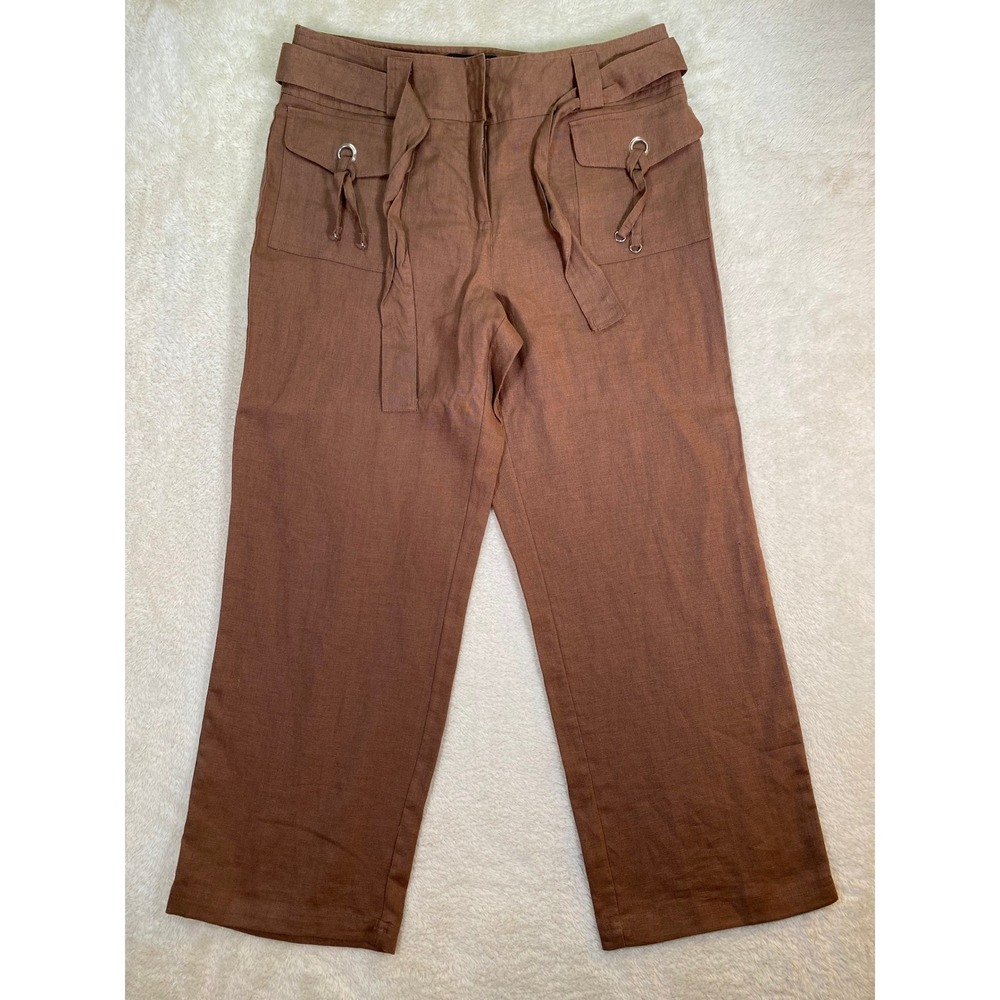 Lily Stanhope Brown 100% Linen Wide Leg Trousers Utility Tie Pocket Pants Size 8